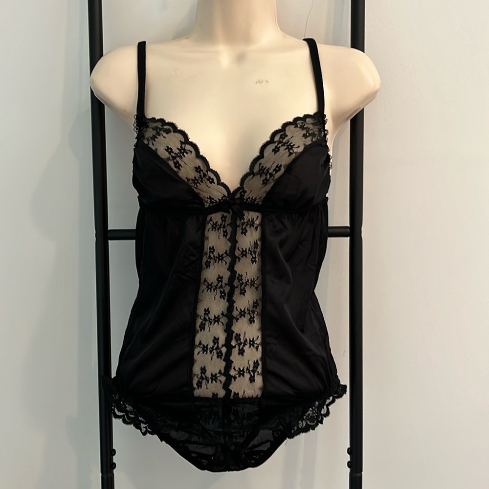 Vintage Juliara 80s Black Lace Teddy Bodysuit Women L Nylon Snaps